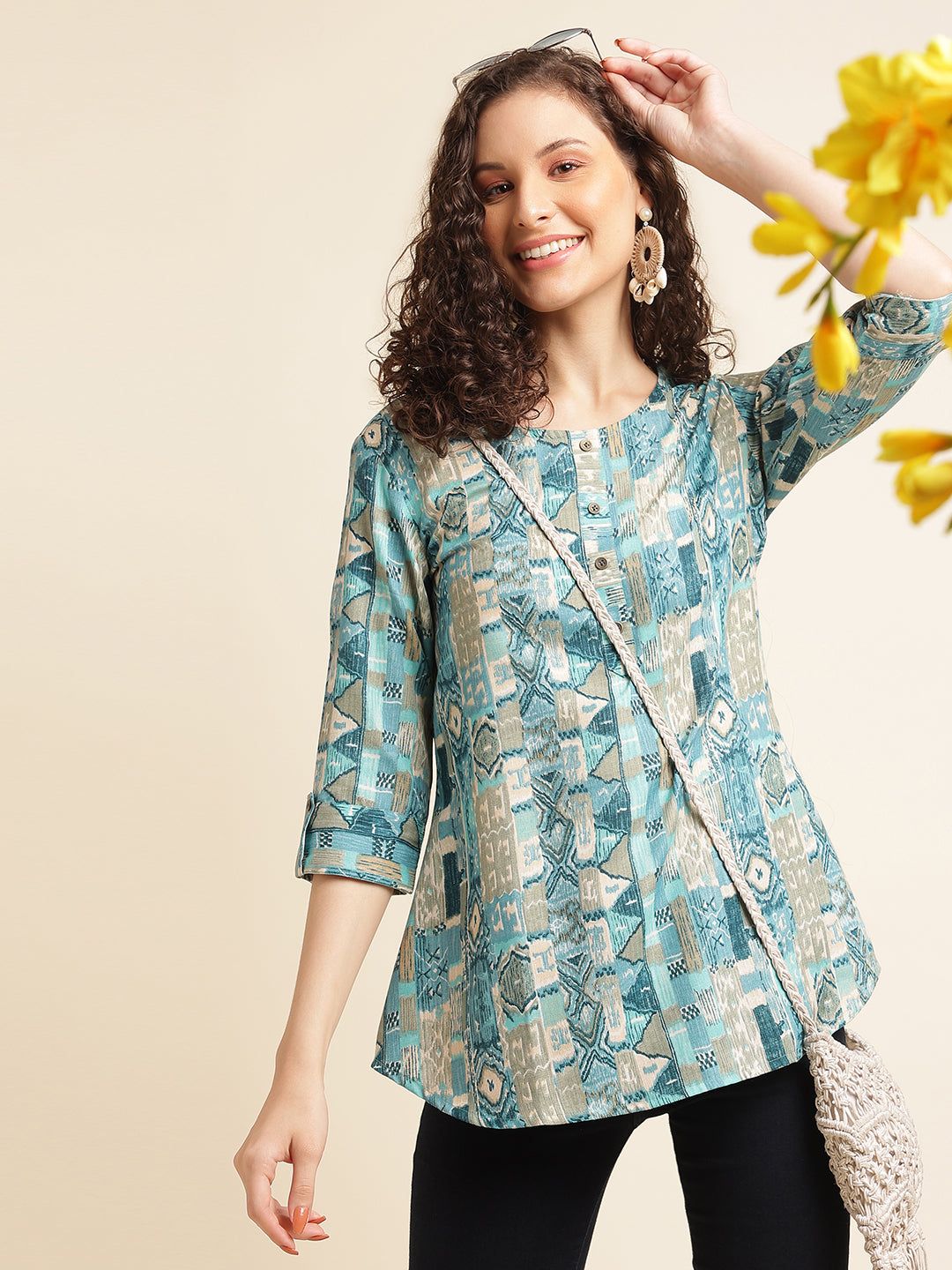 Blue Printed Cotton Blend Top-S