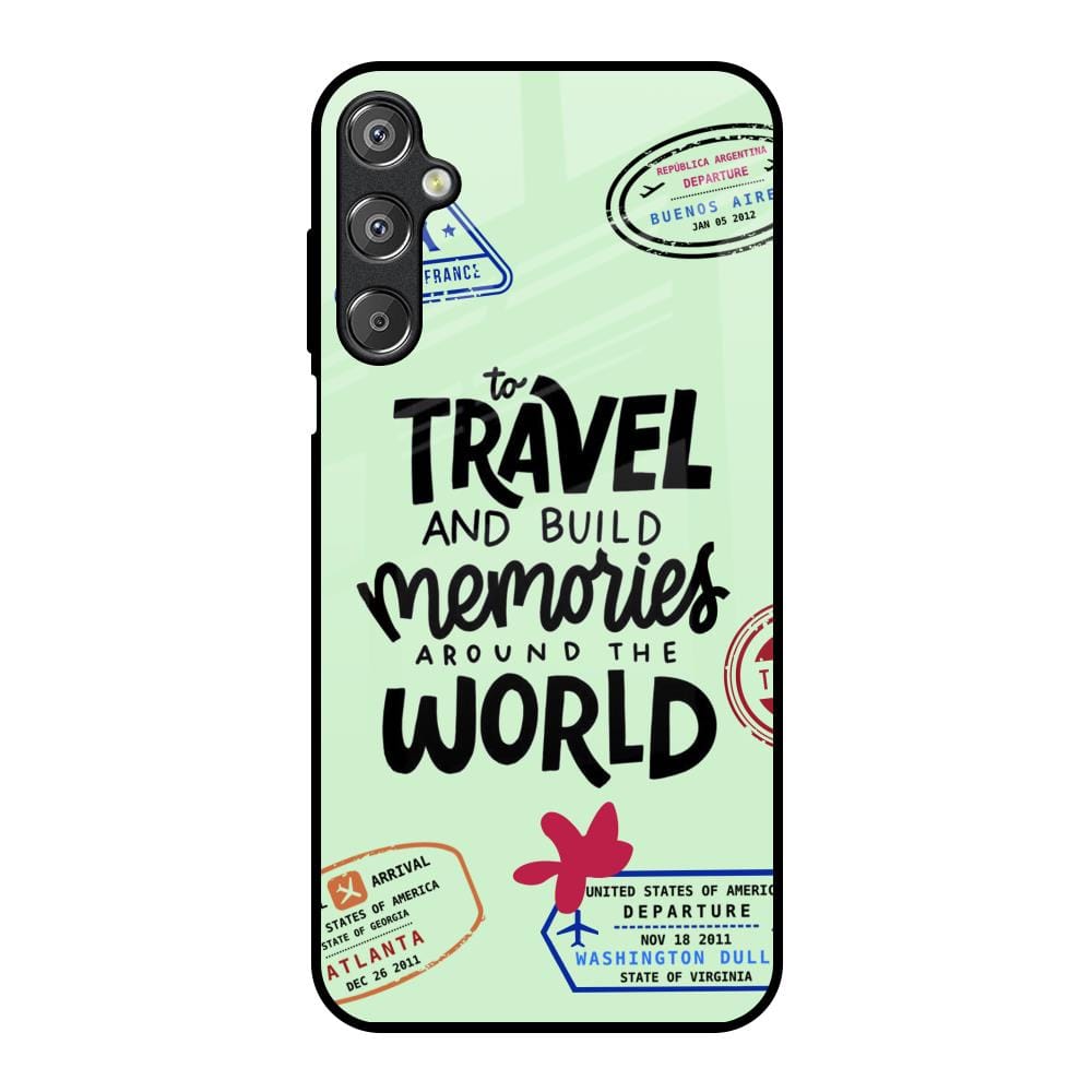 Travel Stamps Glass Case for Samsung Galaxy F15 5G