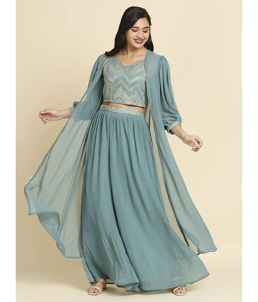 Madhuram Textiles Green Georgette Circular Stitched Lehenga