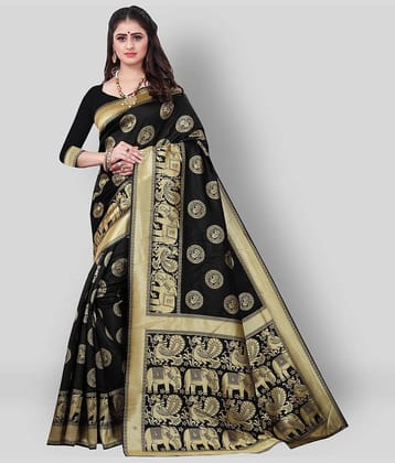 Gazal Fashions Banarasi Silk Saree With Unstitched Blouse Piece ( Black )