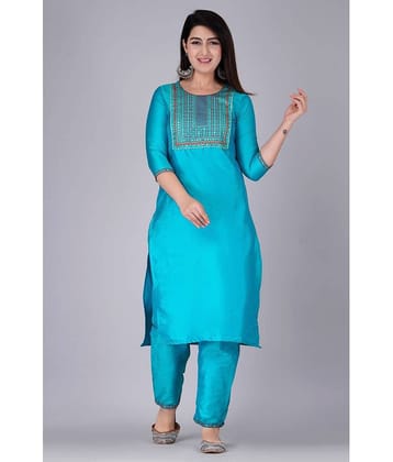 EXPORTHOUSE - Turquoise Straight Silk Women's Stitched Salwar Suit ( Pack of 1 )