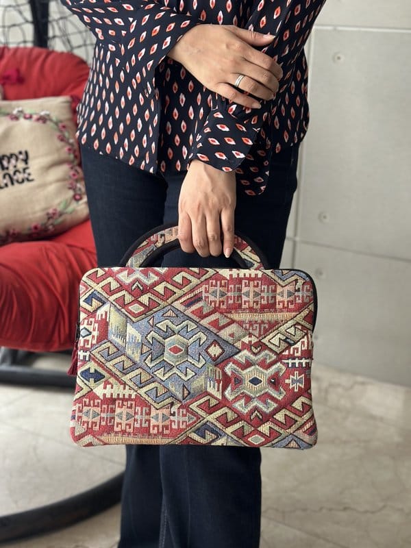 KRI India Distressed Maroon Geometric Quilted Laptop Sleeve|13 inches|without customisation | Maroon  | Wash & Care | 100% Cotton | Handcrafted in India. 100% organic & natural.