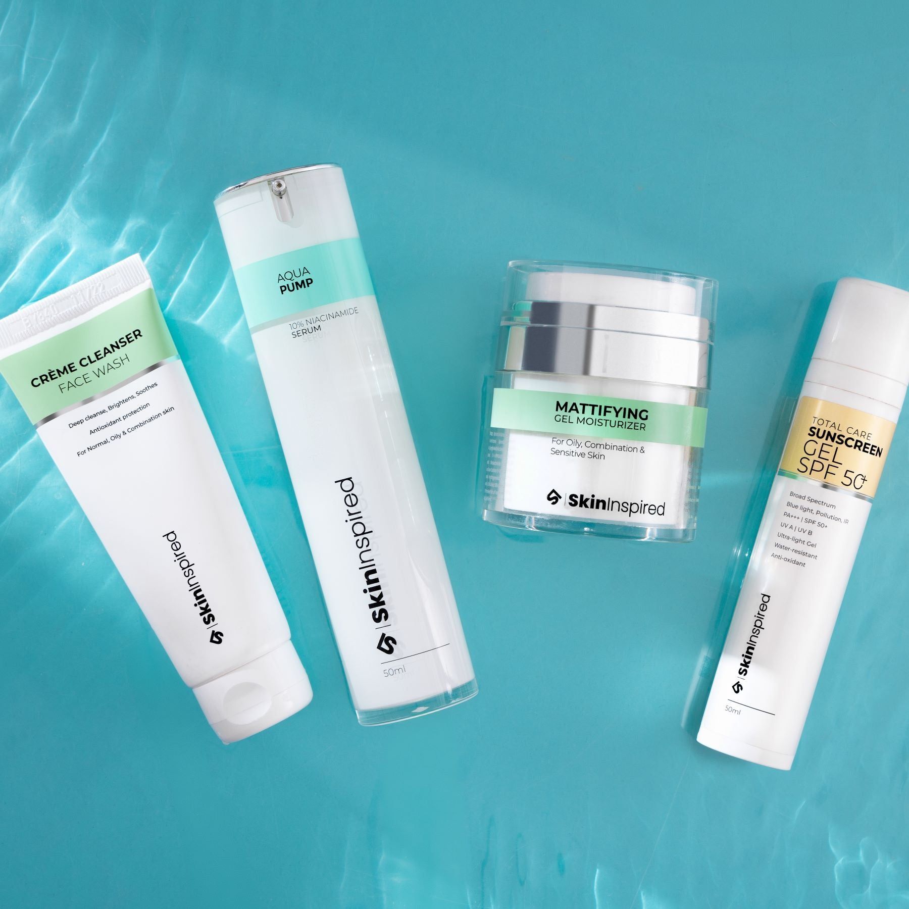 Combat Oiliness: Creme Cleanser Face Wash (70g) + Aqua Pump Niacinamide Serum (30ml) + Mattifying Gel Moisturizer (50g) + Total Care Sunscreen (50g)-Combo
