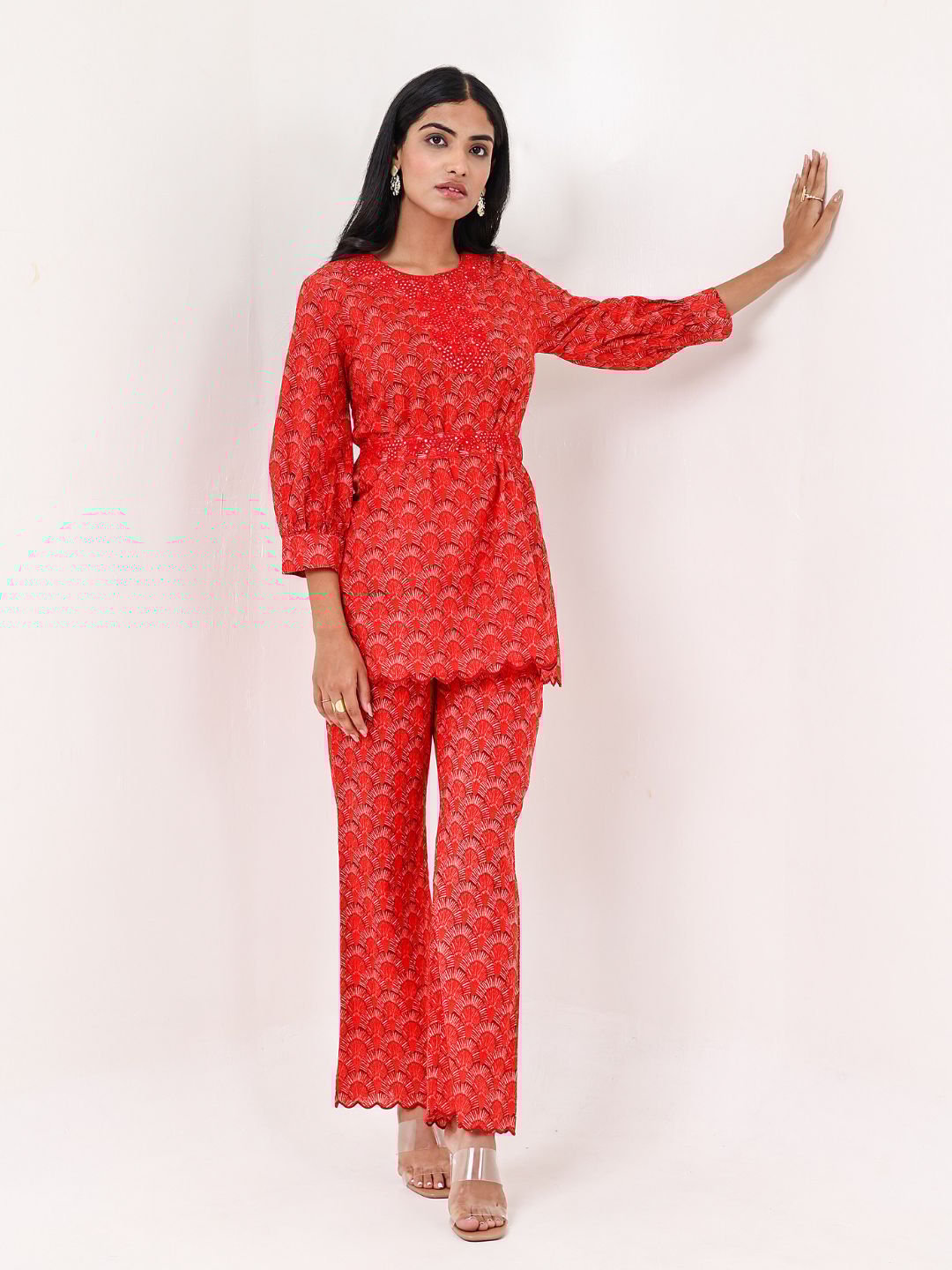 Vibrant Red Embroidered Co-Ord Set-S