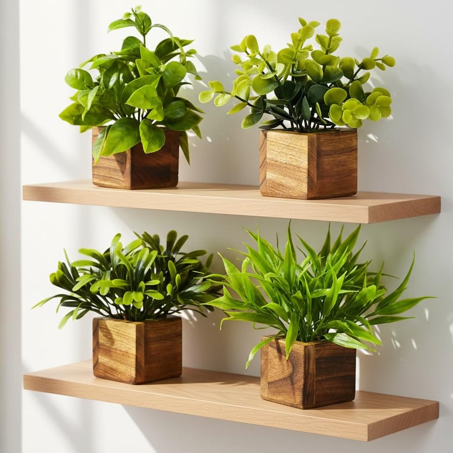 Artificial Greenery Leaves in Wooden Pot – Mini Potted Fake Eucalyptus Plants for Home Décor, Office Desk,