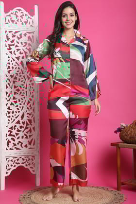 Multi Color Abstract Printed Satin Night Suit For Women-S