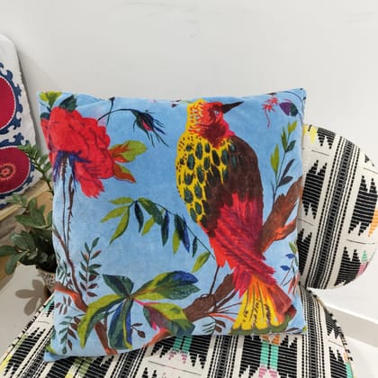 18" Solo Bird velvet cushion cover- Blue-18 x 18 inches