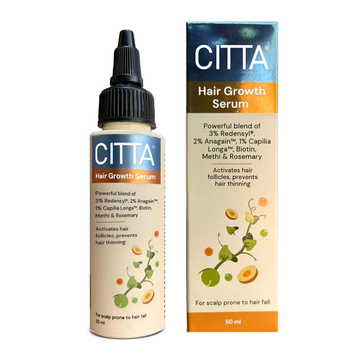 CITTA Hair Growth Serum Redensyl 3%, Anagain 2%, Capilia Longa 1% with Biotin, Rosemary & Methi Reduces Hair Fall & Thinning, Promotes Regrowth, Heals Scalp Dermatologist Tested 50ml CITTA Hair Growth Serum Redensyl 3%, Anagain 2%, Capilia Longa 1% with 