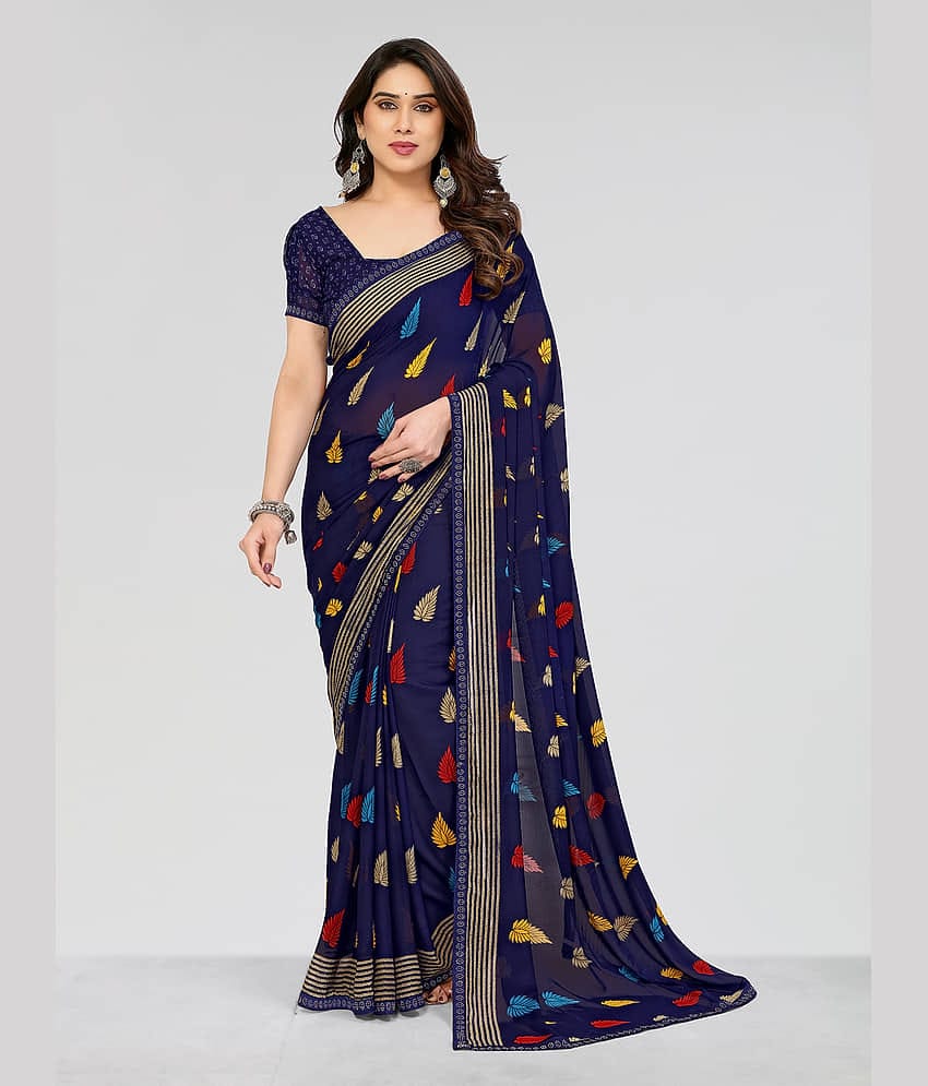 ANAND SAREES Georgette Printed Saree With Unstitched Blouse Piece ( Blue )