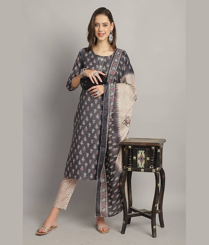 Rajnandini Cotton Printed Kurti With Pants Women's Stitched Salwar Suit - Grey ( Pack of 1 )