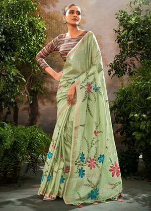 Pista Green Soft Linen Tissue Hand Brush Printed Saree