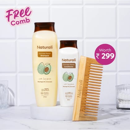 Naturali Damage Repair Shampoo + Damage Repair Conditioner + Organic Wooden Neem Comb-370 ml+180ml+1piece