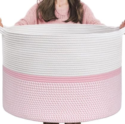 Generic Cotton Dori 16x14 Inch Storage Basket For Clothes With Out Lid (White-Pink-White)-PID66468 Generic Cotton Dori 16x14 Inch Storage Basket For Clothes With Out Lid (White-Pink-White)-PID66468