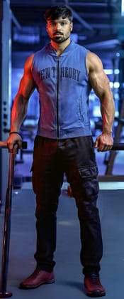 Muscle Up- Washed Sleeveless Zip Hoodie -Titanium Blue & Impact Cargo - Black-S