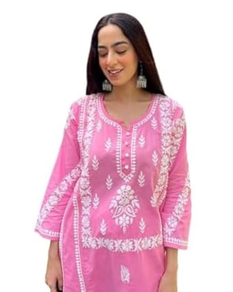 Women's Cotton Chikan Embroidered Kurti Pant Set, Pink, Size M