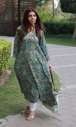 Cotton Handblock Green Kali Kurta-XXS