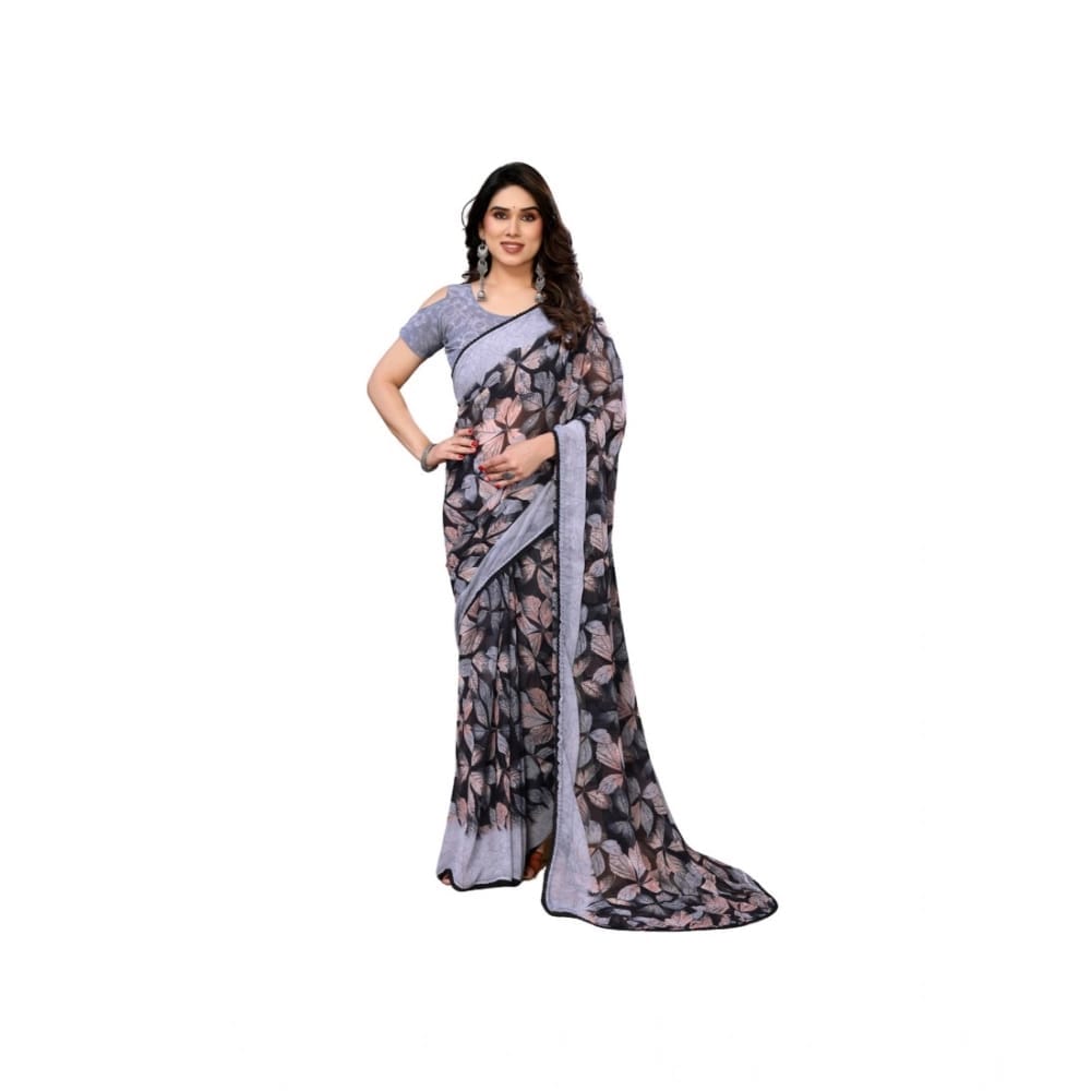 womens chiffon printed saree with unstitched blouse 5mtr grey pid63871