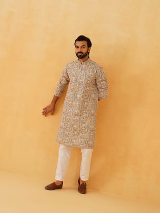 Men's Georgette Kashmiri Multi Embroidered Green Kurta with White Trouser-38