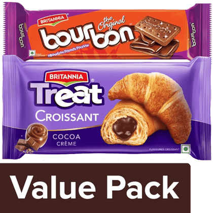 Britannia Bourbon Chocolate Cream Biscuits 150 g + Treat Croissant - Cocoa Creme 45 g, Combo 2 Items