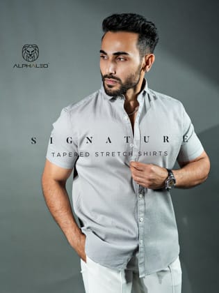 Signature Half Sleeve Tapered Stretch Shirt Light Grey-Small / Light Grey / Signature Half Sleeves Tapered Stretch Shirt