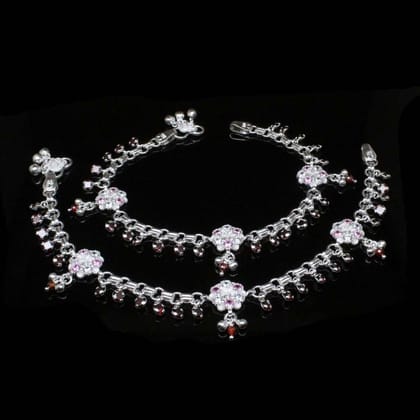 Wedding Real Silver Jewelry CZ floral Anklets Ankle (Pajeb) Bracelet Pair 10.7"