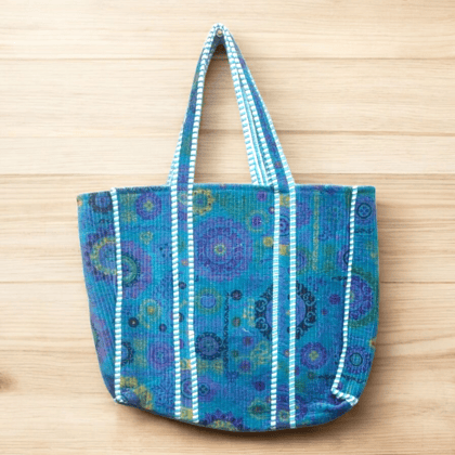 Velvet Quilted Tote Bag- Sujaani Blue