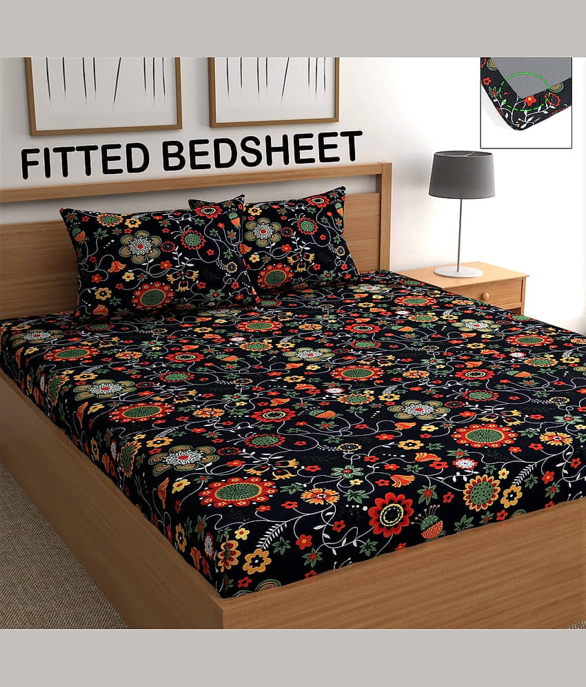 chhavi india Microfibre Abstract Fitted 1 Bedsheet with 2 Pillow Covers ( Double Bed ) - Beige