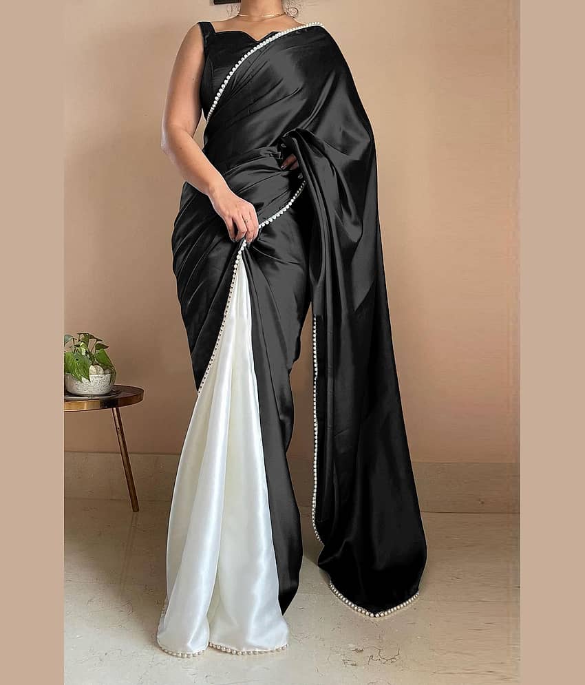 JULEE Satin Embellished Saree With Unstitched Blouse Piece ( Black )