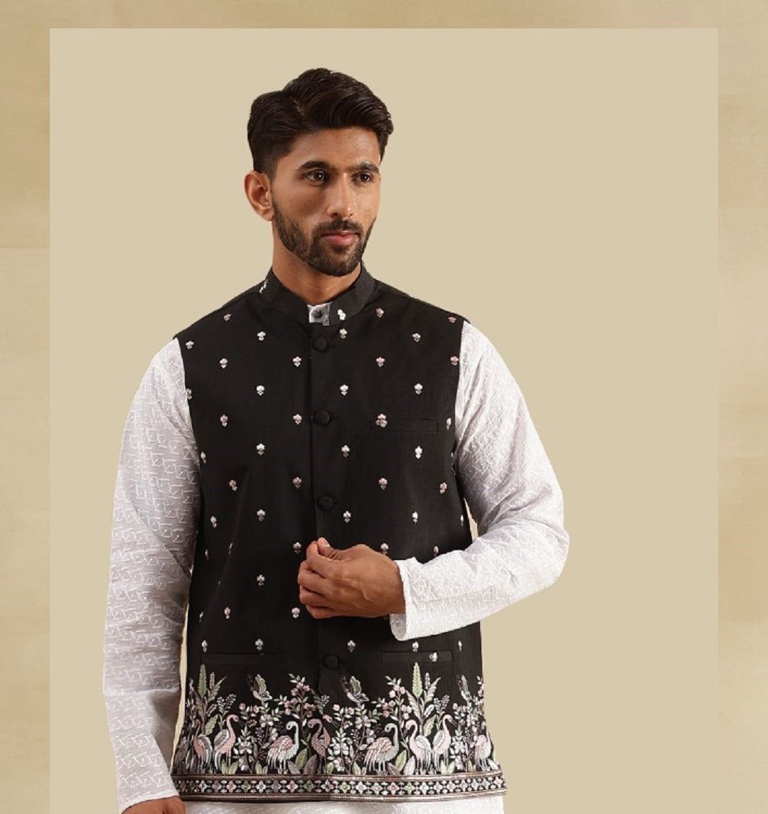 Men's Silk Blend Exquisite Daman Embroidered Black Nehru Jacket-36