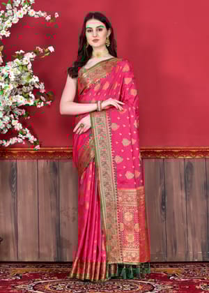 Yavira silk Women's Pink Handwoven Jacquard Saree
