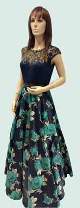 Woman's Navy Blue Embroidered Round Neck Printed Floor Length kurta Churidar set-NUPUR-J . / Navy Blue / F