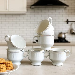 (Set of 6) CCD'S Bone China Tea Cup Set for Home Office, Perfect for Gifting (White)