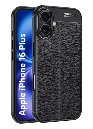 Vegan Leather Rugged Flexible TPU Series Shockproof Armor Back Cover for Apple iPhone 16 Plus, 6.7 inch, Black