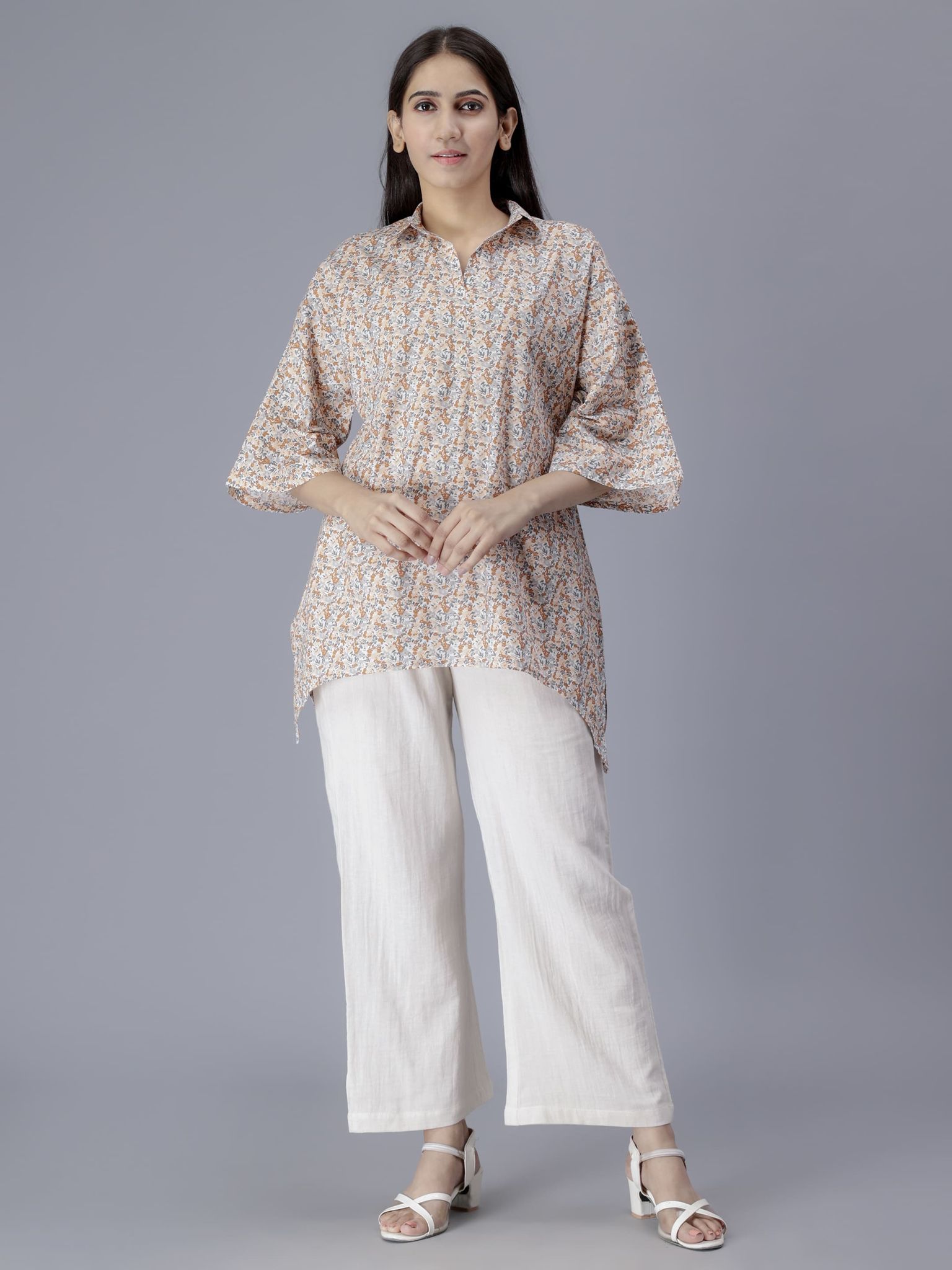 Printed Top & White Pants Co-ord set-S