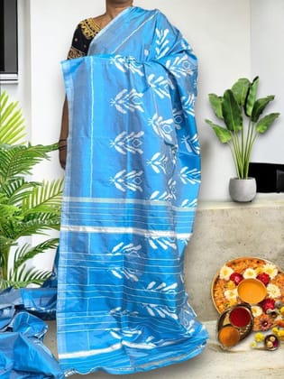 Pure Pochampally Ikkat Silk Light Blue Sari
