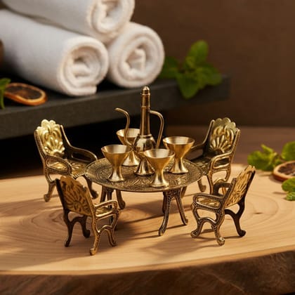 Brass Mini Dining Table Set | Miniature Toy | Collectible Home Decor, Height : 2.5 Inch (FMAS484 A)