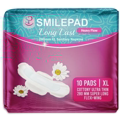 Smilepad Long Last Sanitary Pads for Women | 280mm XL Size Cottony Ultra-thin Sanitary Napkins with Long Flexi Wings for Extra Coverage | Combo Pack of 1 - (10 Pads)