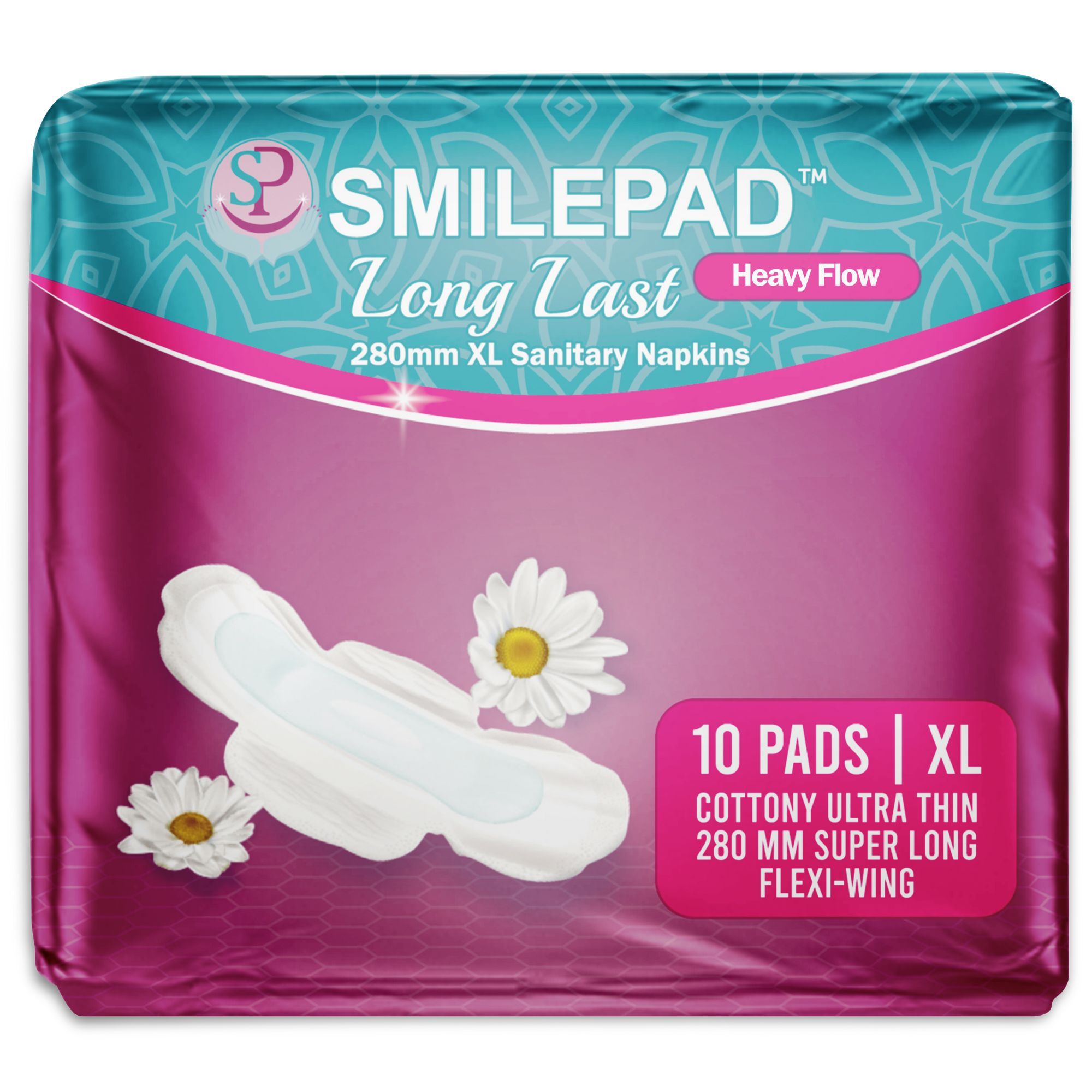 Smilepad Long Last Sanitary Pads for Women | 280mm XL Size Cottony Ultra-thin Sanitary Napkins with Long Flexi Wings for Extra Coverage | Combo Pack of 1 - (10 Pads)