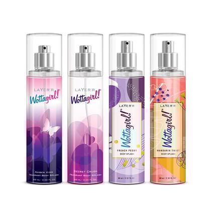 Layer�r Wottagirl! Body Splash Combo for Women 60ml Pack of 4 (240ml) | Amber Kiss, Secret Crush, Mandarin Twist & French Peony | Long-Lasting Premium Body Mists | Everyday Wear | Perfume Gift Set