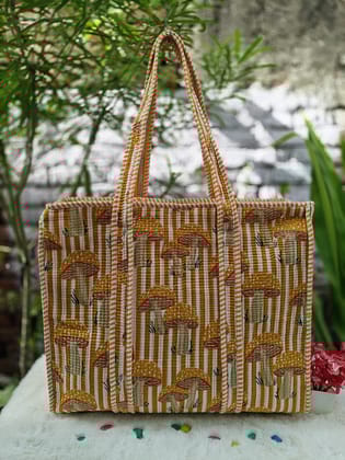 Handblock Printed Quilted Tote Bag with concealed zip ( 17x18x 6 inches)