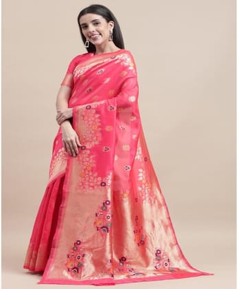 Women's Kanjivaram Silk Designer Weaving Saree with Unstitched Blouse (Pink, 5.50 Mtrs)