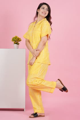 Sunshine Stripe: Yellow and White Print Half Sleeve Pyjama Set-S / Yellow / 100% Cotton