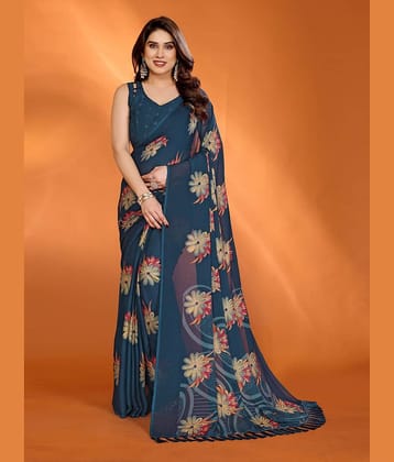 SARIK  FASHION Chiffon Printed Saree With Unstitched Blouse Piece ( Teal )