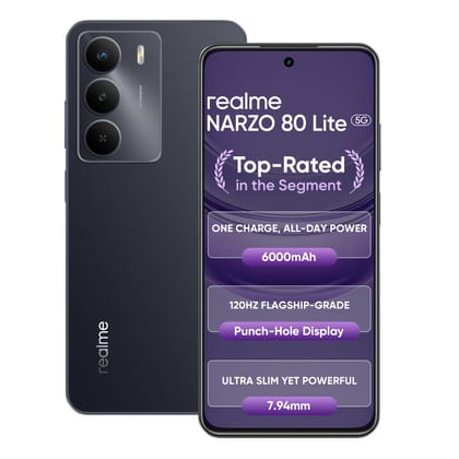 realme NARZO 80 Lite 5G (Onyx Black, 4GB+128GB) | 6000mAh Long-Lasting Battery | MediaTek Dimensity 6300 5G | AI Assist | IP64 Rated Water & Dust Resistance | Military-Grade Durability realme NARZO 80 Lite 5G (Onyx Black, 4GB+128GB) | 6000mAh Long-Lastin