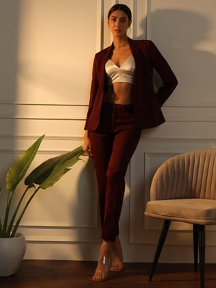 Notched Collar Stretch Pant Suit - Maroon-M