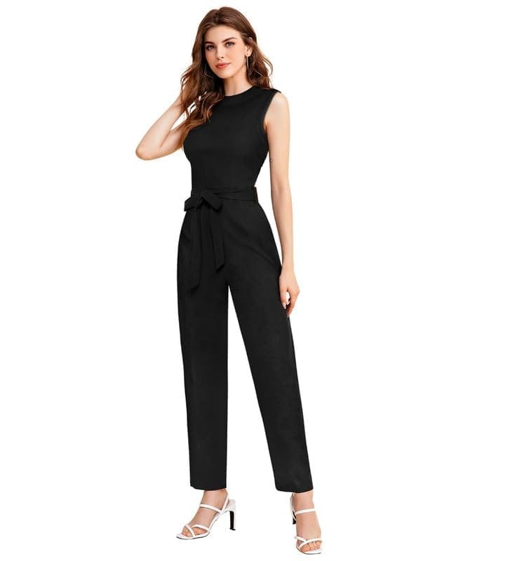 Women's Knitting Stretchable Solid Round Neck Sleeveless Jumpsuit (Black, XL)-PID56796