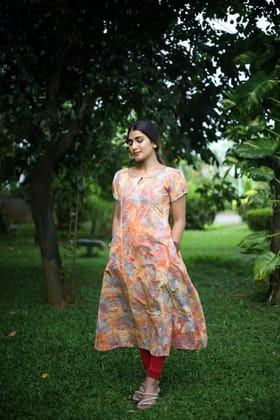 Bathik Cotton Boat Neck Kurta with Puff Sleeves, Peach, KP1099-S