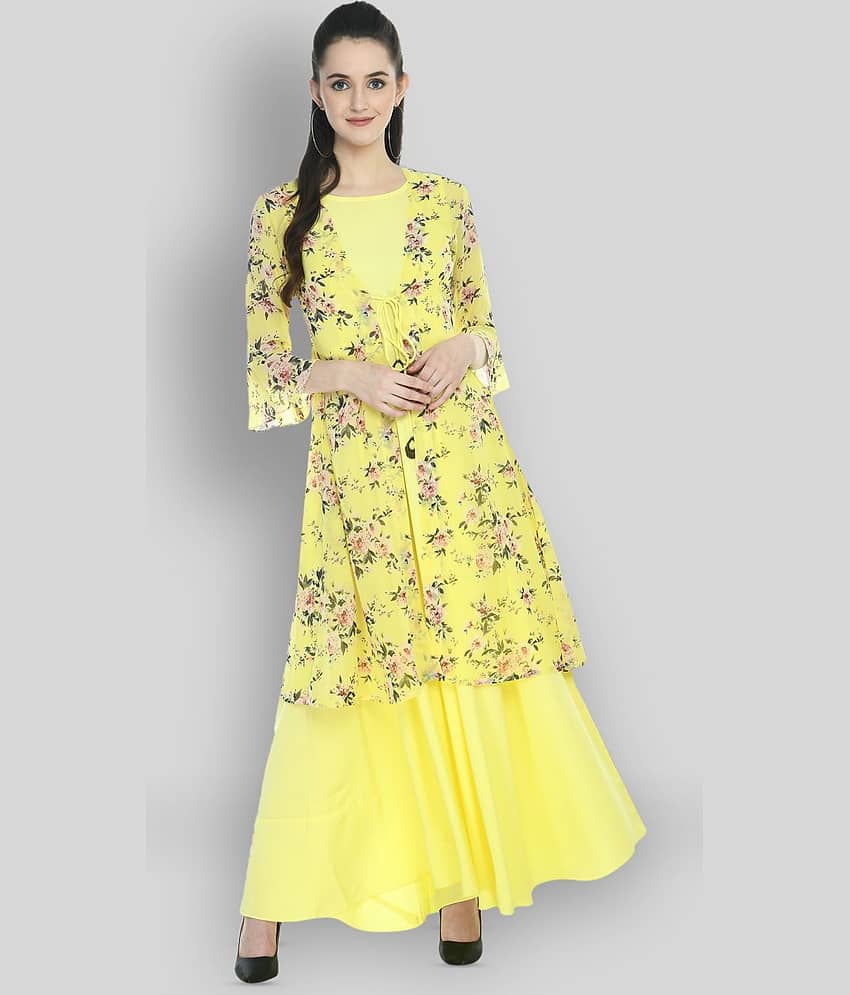 Rudrakriti Women Crepe Printed Ethnic Dress ( Yellow )