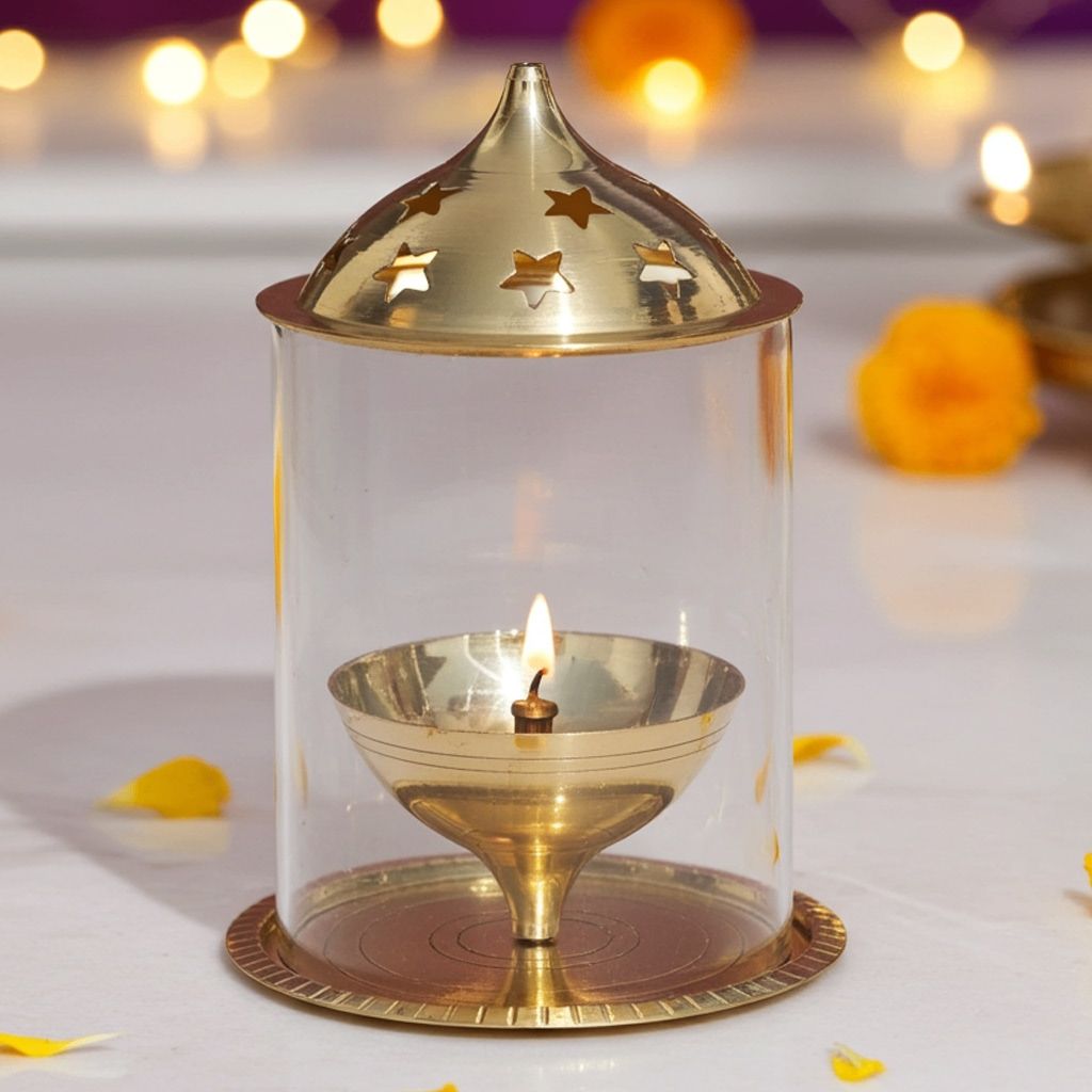 Brass Table Decor Oil Lamp Deepak With Chimney  - Handmade Brass Diya for Home, Height : 7.2 Inch (ZMAS014/8)
