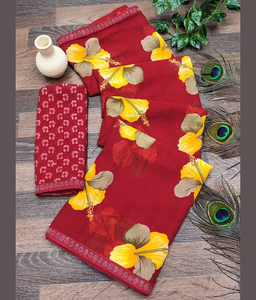 ANAND SAREES Georgette Embellished Chanderi saree With Unstitched Blouse Piece ( Red )